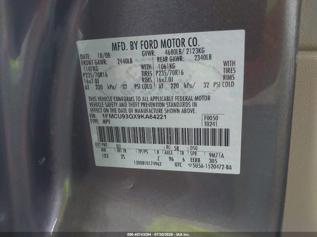 2009 Ford Escape Xlt მანქანა იყიდება აუქციონზე, vin: 1FMCU93GX9KA64221, აუქციონის ნომერი: 45743294