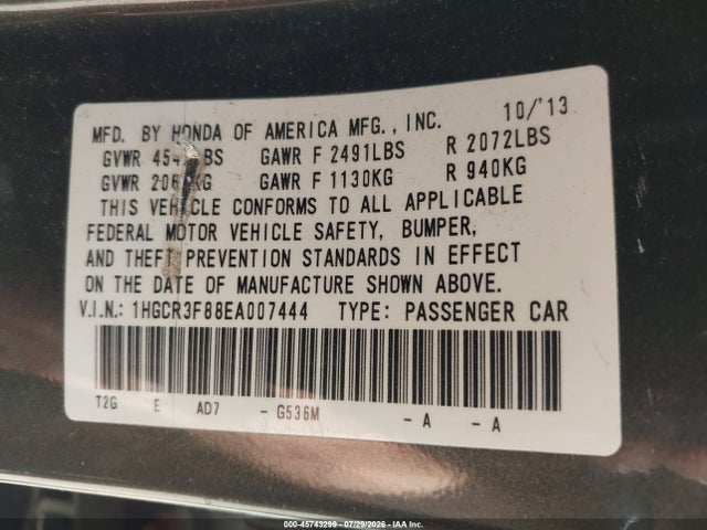 1HGCR3F88EA007444 Honda Accord Ex-l V-6