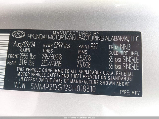 45743302 :رقم المزاد ، 5NMP2DG12SH018310 vin ، 2025 Hyundai Santa Fe Hybrid Sel مزاد بيع