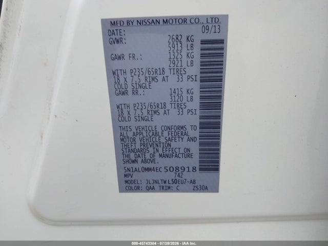 45743304 :رقم المزاد ، 5N1AL0MM4EC508918 vin ، 2014 Infiniti Qx60 مزاد بيع
