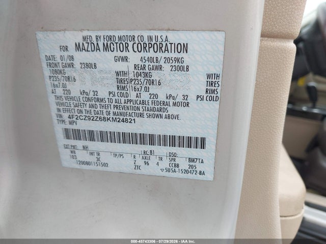Продаж на аукціоні авто 2008 Mazda Tribute I Touring, vin: 4F2CZ92Z68KM24821, номер лоту: 45743306