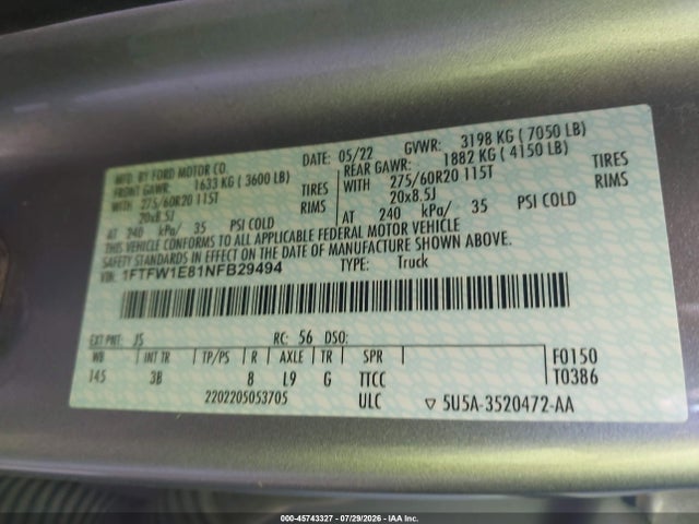 1FTFW1E81NFB29494 Ford F-150 Platinum