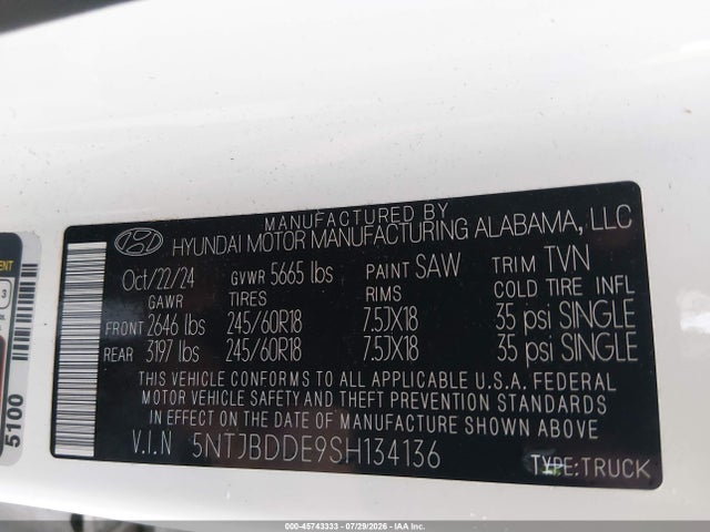 45743333 :رقم المزاد ، 5NTJBDDE9SH134136 vin ، 2025 Hyundai Santa Cruz Sel مزاد بيع