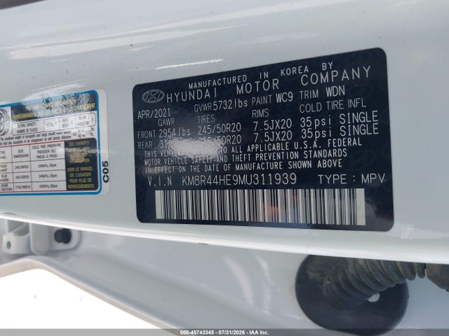 Продажа на аукционе авто 2021 Hyundai Palisade Sel, vin: KM8R44HE9MU311939, номер лота: 45743345