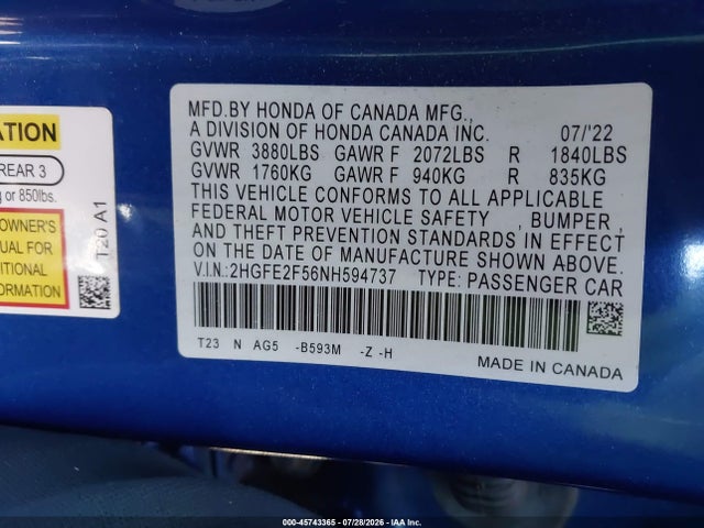 2HGFE2F56NH594737 Honda Civic Sport