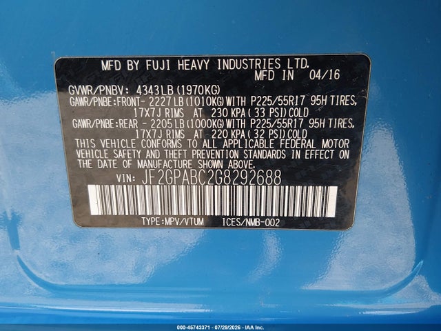 2016 Subaru Crosstrek 2.0i Premium მანქანა იყიდება აუქციონზე, vin: JF2GPABC2G8292688, აუქციონის ნომერი: 45743371