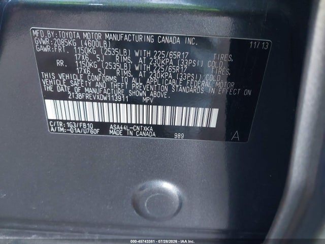 2013 Toyota Rav4 Le მანქანა იყიდება აუქციონზე, vin: 2T3BFREVXDW113911, აუქციონის ნომერი: 45743381