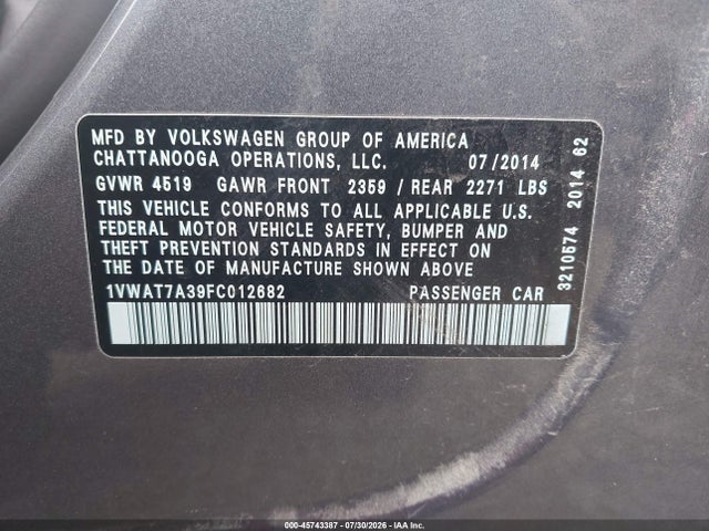 45743387 :رقم المزاد ، 1VWAT7A39FC012682 vin ، 2015 Volkswagen Passat 1.8t Wolfsburg Edition مزاد بيع