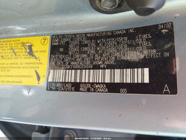 45743394 :رقم المزاد ، 2T2GK31U68C034548 vin ، 2008 Lexus Rx 350 مزاد بيع