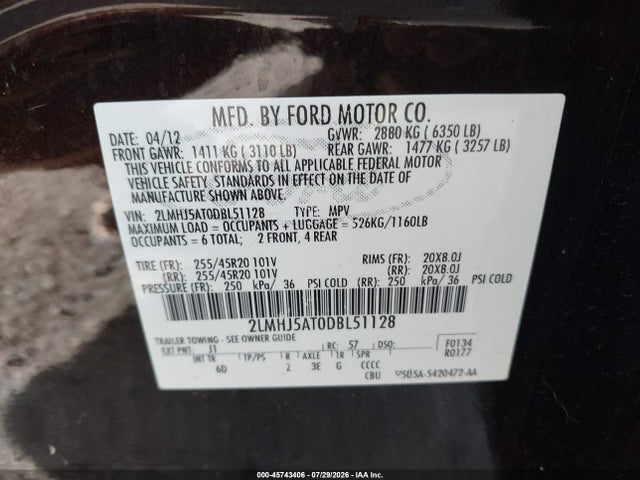 45743406 :رقم المزاد ، 2LMHJ5AT0DBL51128 vin ، 2013 Lincoln Mkt Ecoboost مزاد بيع