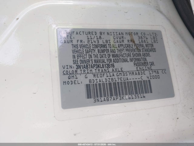 Продажа на аукционе авто 2019 Nissan Sentra Sv, vin: 3N1AB7AP3KL613516, номер лота: 45743413