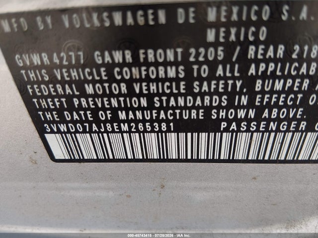 2014 Volkswagen Jetta 1.8t Se მანქანა იყიდება აუქციონზე, vin: 3VWD07AJ8EM265381, აუქციონის ნომერი: 45743415