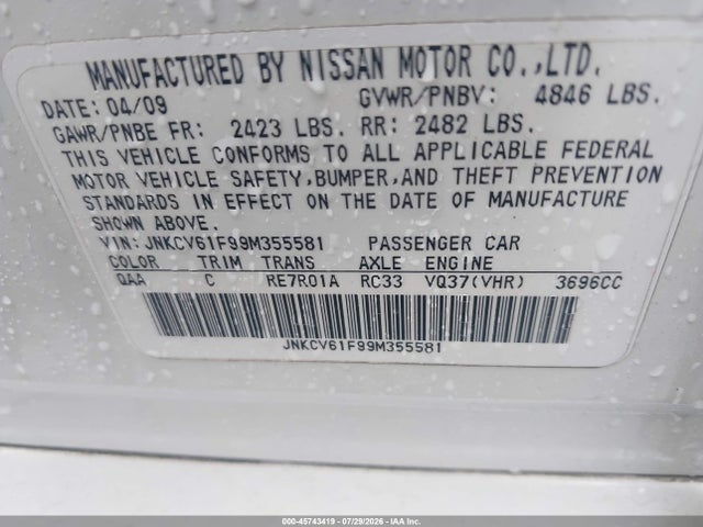 45743419 :رقم المزاد ، JNKCV61F99M355581 vin ، 2009 Infiniti G37x مزاد بيع