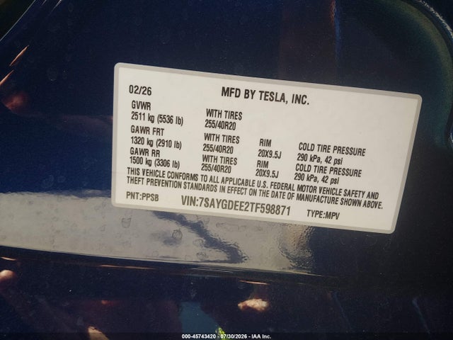 Aukcja sprzedaży 2026 Tesla Model Y All-wheel Drive/long Range Launch Series/premium All-wheel Drive, vin: 7SAYGDEE2TF598871, numer aukcji: 45743420