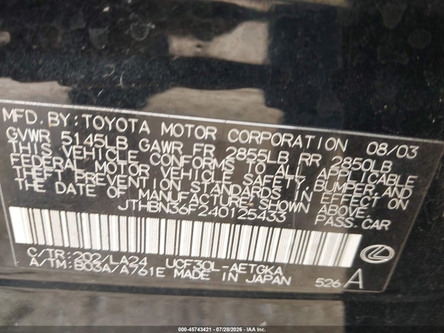 45743421 :رقم المزاد ، JTHBN36F240125433 vin ، 2004 Lexus Ls 430 مزاد بيع