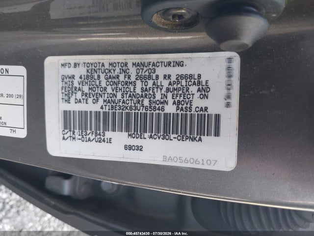 45743430 :رقم المزاد ، 4T1BE32K63U765846 vin ، 2003 Toyota Camry Le مزاد بيع