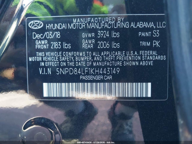 5NPD84LF1KH443149 Hyundai ELANTRA SEL