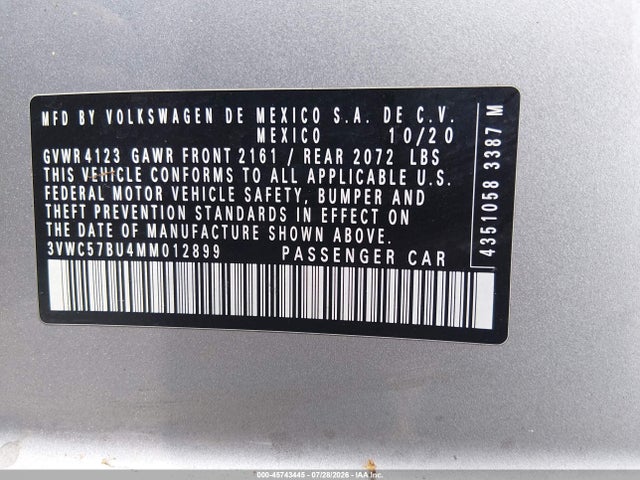 Продаж на аукціоні авто 2021 Volkswagen Jetta 1.4t R-line/1.4t Se/s, vin: 3VWC57BU4MM012899, номер лоту: 45743445