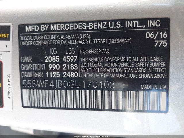 Aukcja sprzedaży 2016 Mercedes-benz C 300 Sport, vin: 55SWF4JB0GU170403, numer aukcji: 45743449