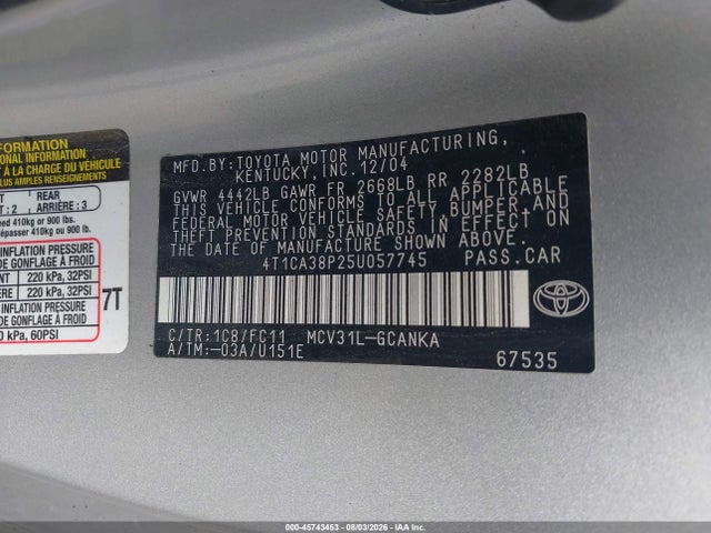 2005 Toyota Camry Solara Se Sport V6 მანქანა იყიდება აუქციონზე, vin: 4T1CA38P25U057745, აუქციონის ნომერი: 45743453