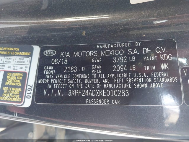 Aukcja sprzedaży 2019 Kia Forte Lxs, vin: 3KPF24ADXKE010283, numer aukcji: 45743459