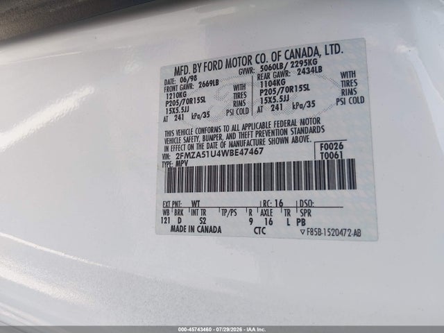Продажа на аукционе авто 1998 Ford Windstar Gl, vin: 2FMZA51U4WBE47467, номер лота: 45743460