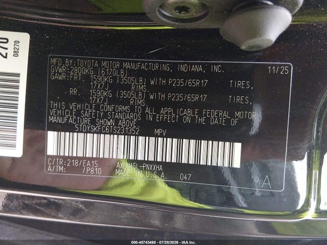 Aukcja sprzedaży 2026 Toyota Sienna Xle, vin: 5TDYSKFC6TS231352, numer aukcji: 45743468
