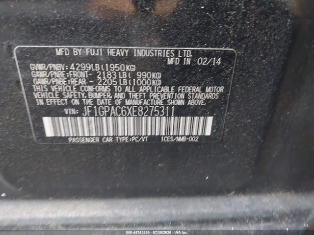 Aukcja sprzedaży 2014 Subaru Impreza 2.0i Premium, vin: JF1GPAC6XE8275311, numer aukcji: 45743499