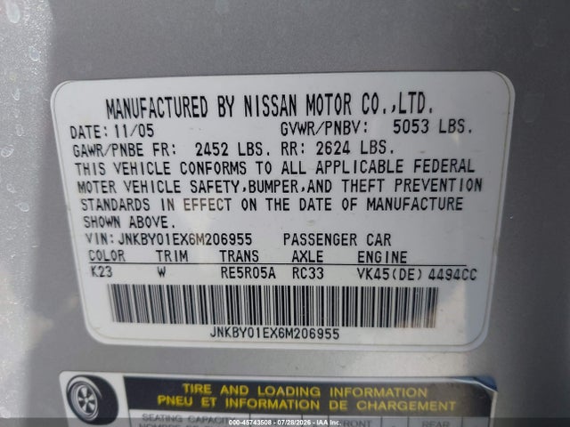 Продаж на аукціоні авто 2006 Infiniti M45 Sport, vin: JNKBY01EX6M206955, номер лоту: 45743508