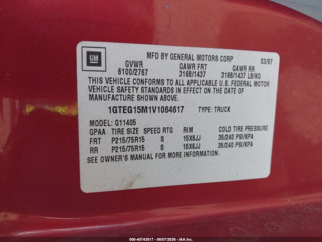 Aukcja sprzedaży 1997 Gmc Savana G1500 Standard, vin: 1GTEG15M1V1064617, numer aukcji: 45743517