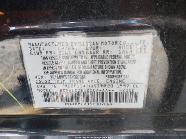 Auction sale of the 2025 Nissan Sentra Sv, vin: 3N1AB8CV3SY307064, lot number: 45743530