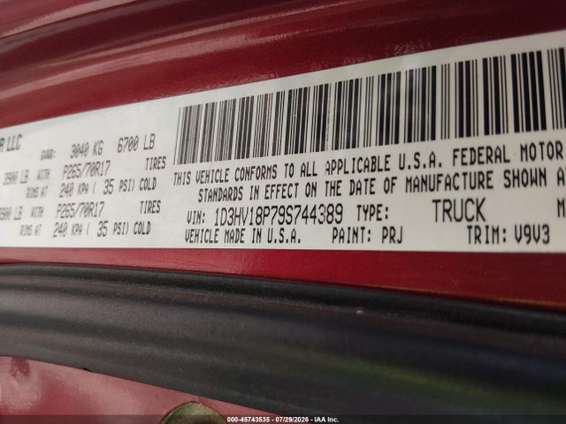 45743535 :رقم المزاد ، 1D3HV18P79S744389 vin ، 2009 Dodge Ram 1500 Slt/sport/trx مزاد بيع