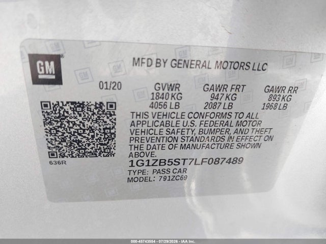 2020 Chevrolet Malibu Fwd Ls მანქანა იყიდება აუქციონზე, vin: 1G1ZB5ST7LF087489, აუქციონის ნომერი: 45743554