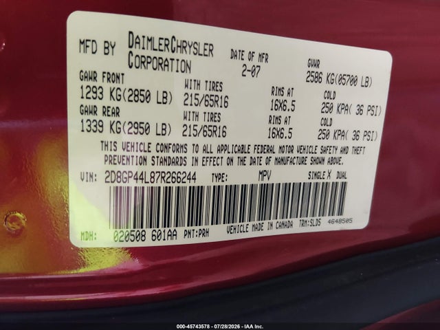 Продажа на аукционе авто 2007 Dodge Grand Caravan Sxt, vin: 2D8GP44L87R266244, номер лота: 45743578