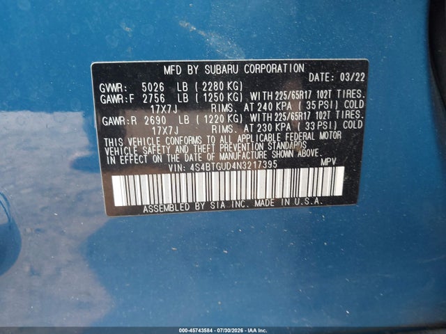 2022 Subaru Outback Wilderness მანქანა იყიდება აუქციონზე, vin: 4S4BTGUD4N3217395, აუქციონის ნომერი: 45743584