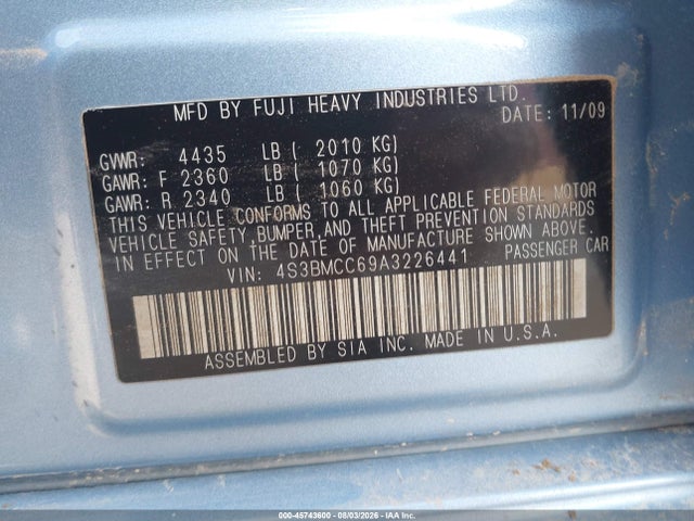 45743600 :رقم المزاد ، 4S3BMCC69A3226441 vin ، 2010 Subaru Legacy 2.5i Premium مزاد بيع