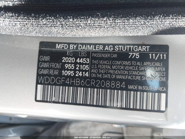 Aukcja sprzedaży 2012 Mercedes-benz C 250 Sport, vin: WDDGF4HB6CR208884, numer aukcji: 45743609