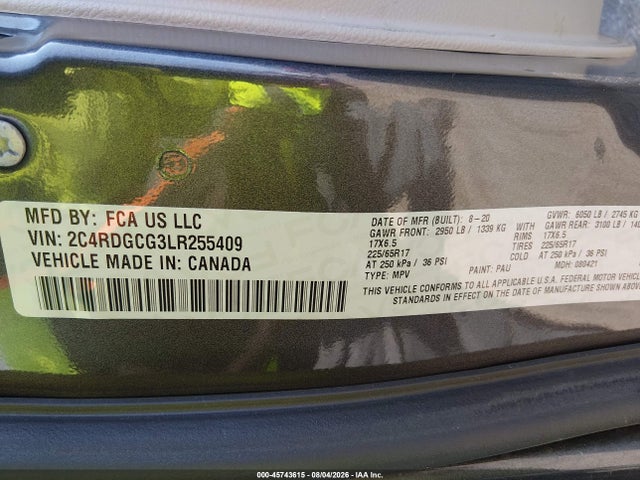 45743615 :رقم المزاد ، 2C4RDGCG3LR255409 vin ، 2020 Dodge Grand Caravan Sxt مزاد بيع