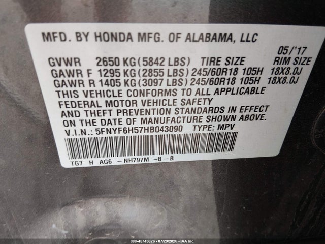 Honda Pilot Ex-l 2017 5FNYF6H57HB043090 Image 9