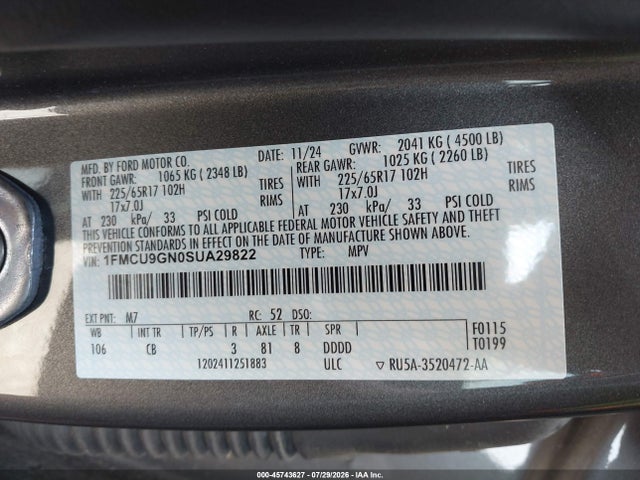 2025 Ford Escape Active მანქანა იყიდება აუქციონზე, vin: 1FMCU9GN0SUA29822, აუქციონის ნომერი: 45743627