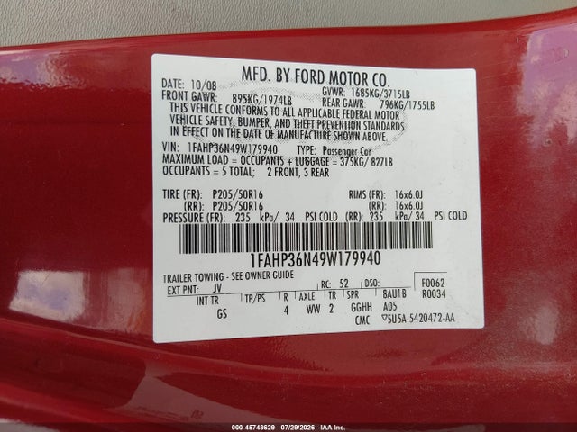 Aukcja sprzedaży 2009 Ford Focus Ses, vin: 1FAHP36N49W179940, numer aukcji: 45743629