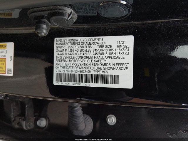 Aukcja sprzedaży 2022 Honda Pilot Awd Ex-l, vin: 5FNYF6H53NB022409, numer aukcji: 45743633