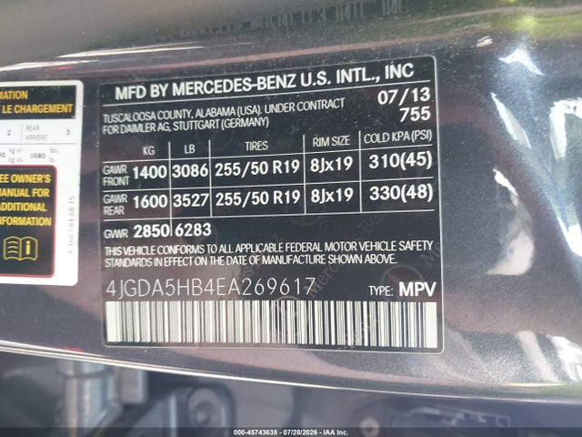 Aukcja sprzedaży 2014 Mercedes-benz Ml 350 4matic, vin: 4JGDA5HB4EA269617, numer aukcji: 45743638