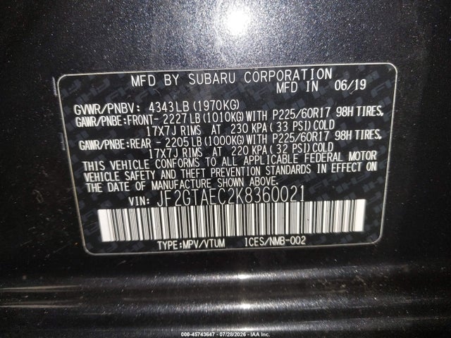 45743647 :رقم المزاد ، JF2GTAEC2K8360021 vin ، 2019 Subaru Crosstrek 2.0i Premium مزاد بيع