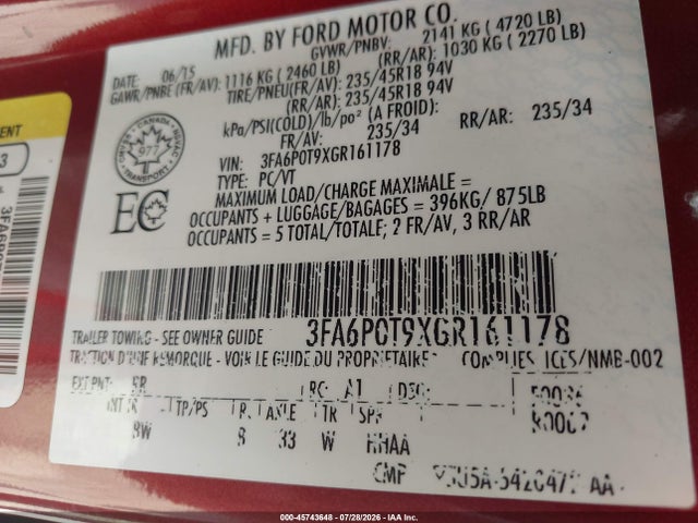 Aukcja sprzedaży 2016 Ford Fusion Se, vin: 3FA6P0T9XGR161178, numer aukcji: 45743648