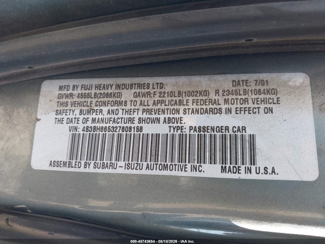 45743654 :رقم المزاد ، 4S3BH665327608158 vin ، 2002 Subaru Outback مزاد بيع