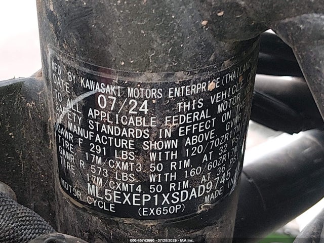 45743660 :رقم المزاد ، ML5EXEP1XSDAD9745 vin ، 2025 Kawasaki Ex650 P مزاد بيع