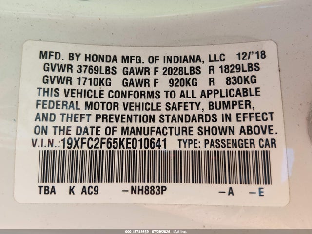Honda Civic Lx 2019 19XFC2F65KE010641 Image 9