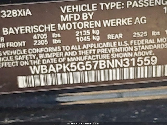 45743675 :رقم المزاد ، WBAPK5G57BNN31559 vin ، 2011 Bmw 328i Xdrive مزاد بيع