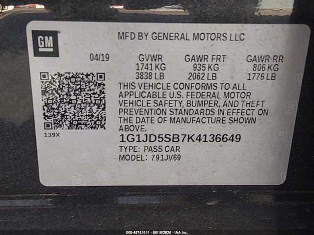 1G1JD5SB7K4136649 Chevrolet Sonic Lt Auto